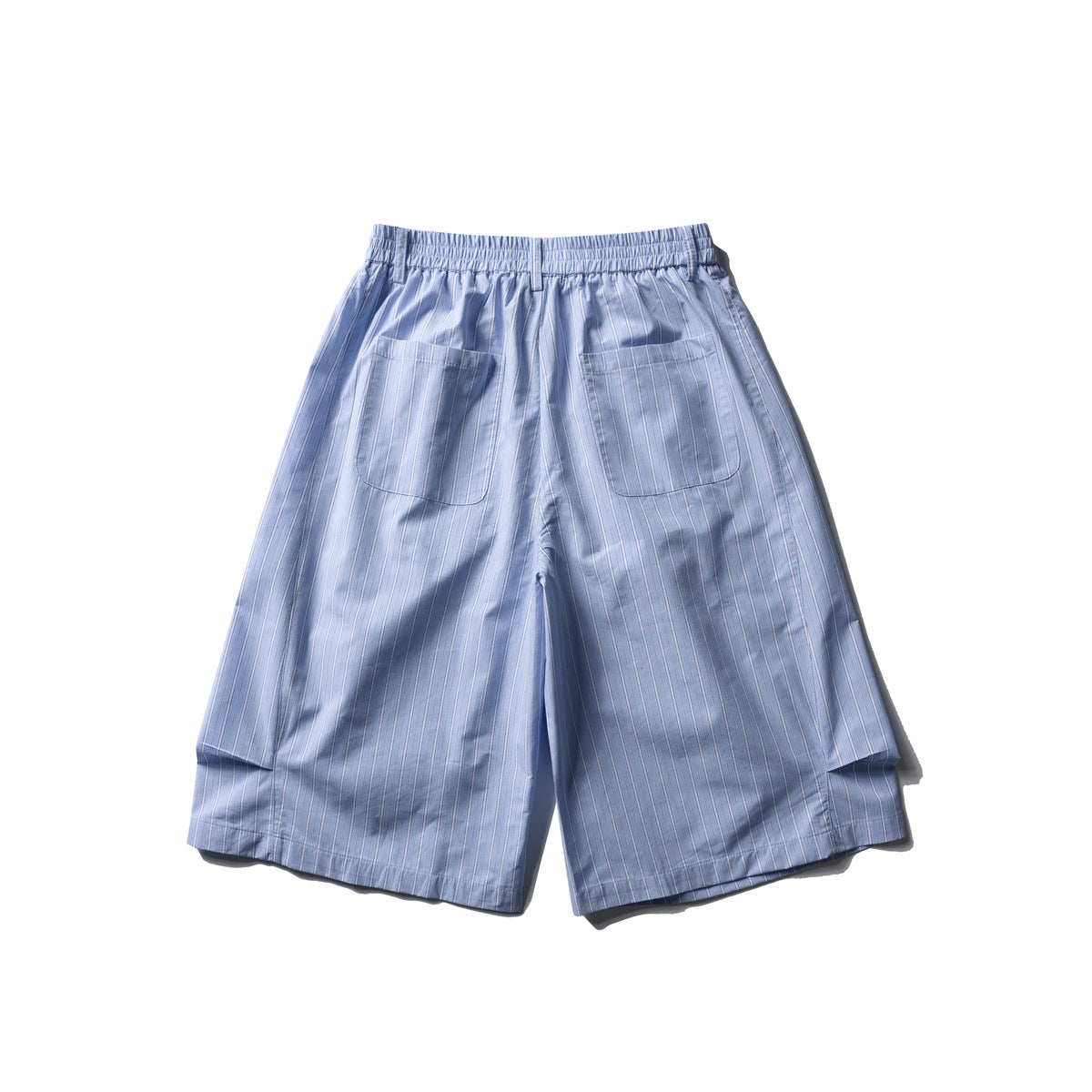 Back view of light blue pinstriped shorts with an elastic waistband and two patch pockets.