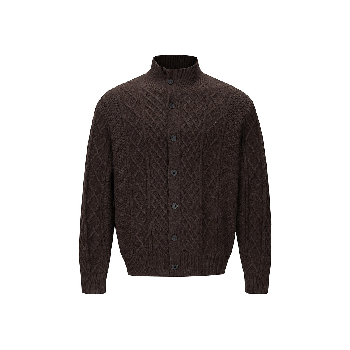 Brown cable-knit button-front cardigan with stand collar, front view on a white background