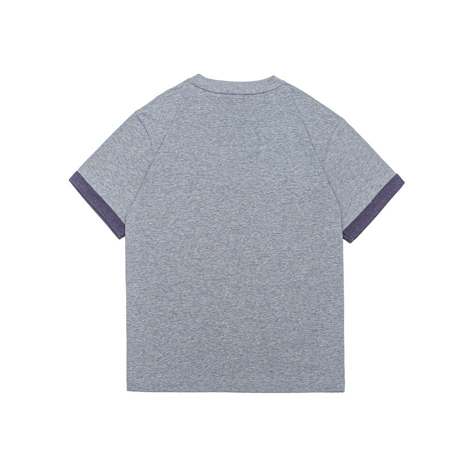 Back view of a gray melange short-sleeve T-shirt with dark purple sleeve cuffs.