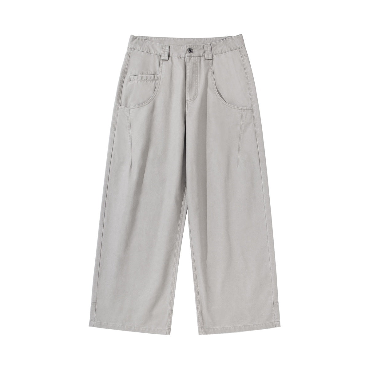 Light gray wide-leg pants flat lay with button fly, curved front pockets and side seam detail