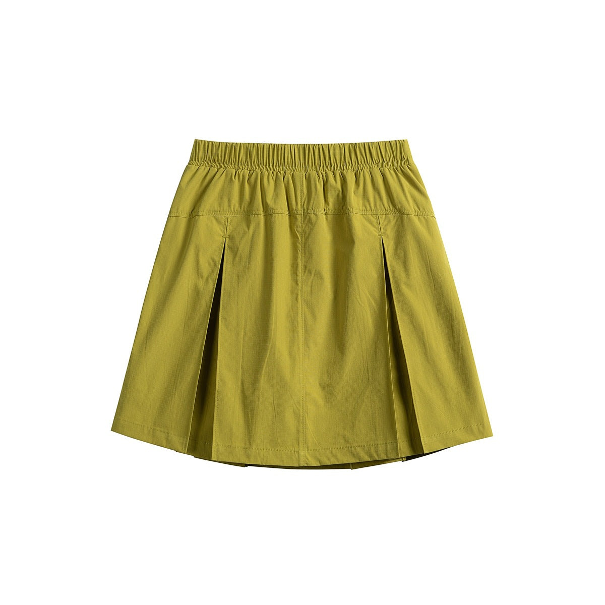 Back view of a yellow-green skirt with an elastic waistband and overlapping pleated panels.