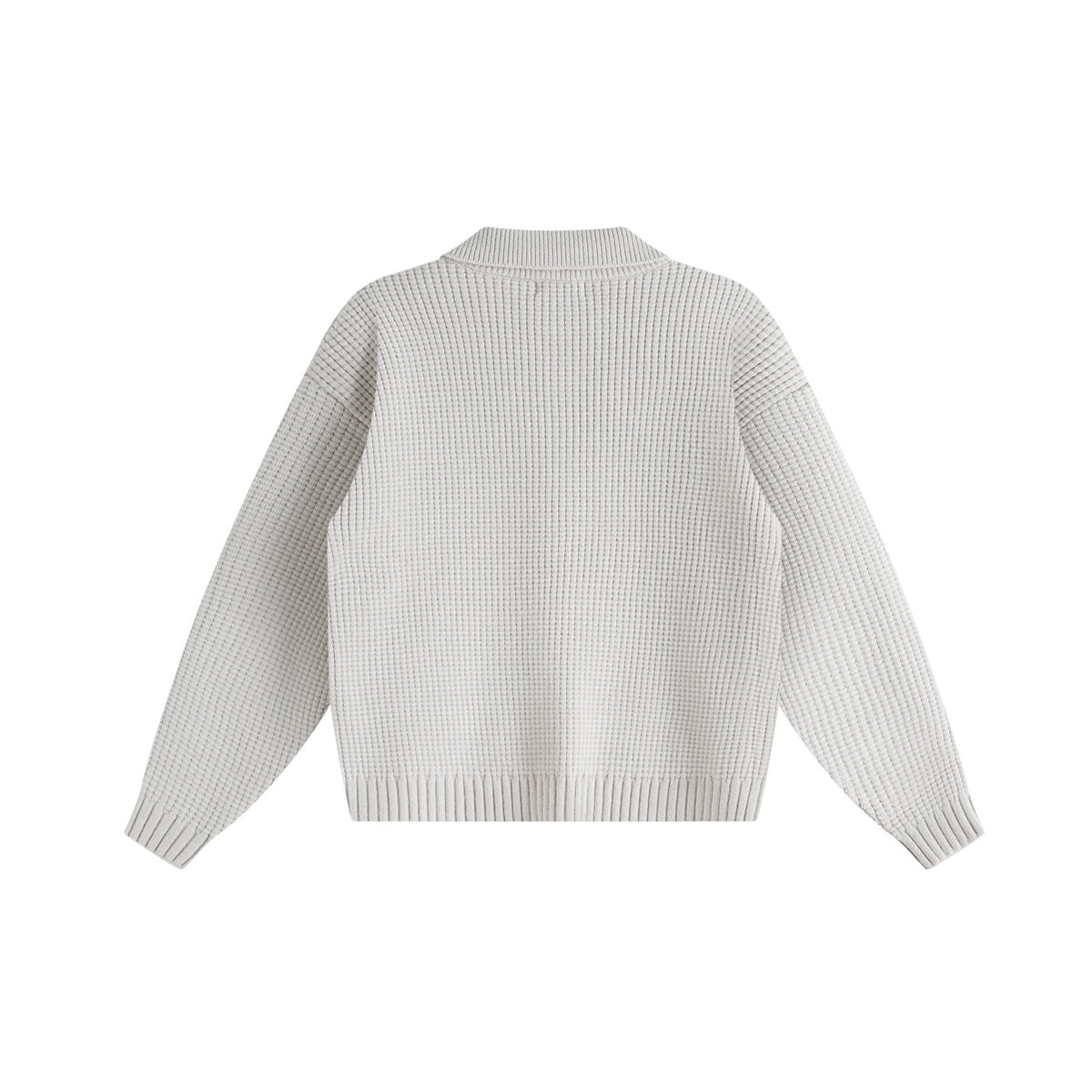 Back view of a light gray long-sleeve knit cardigan with a polo collar and ribbed cuffs and hem.