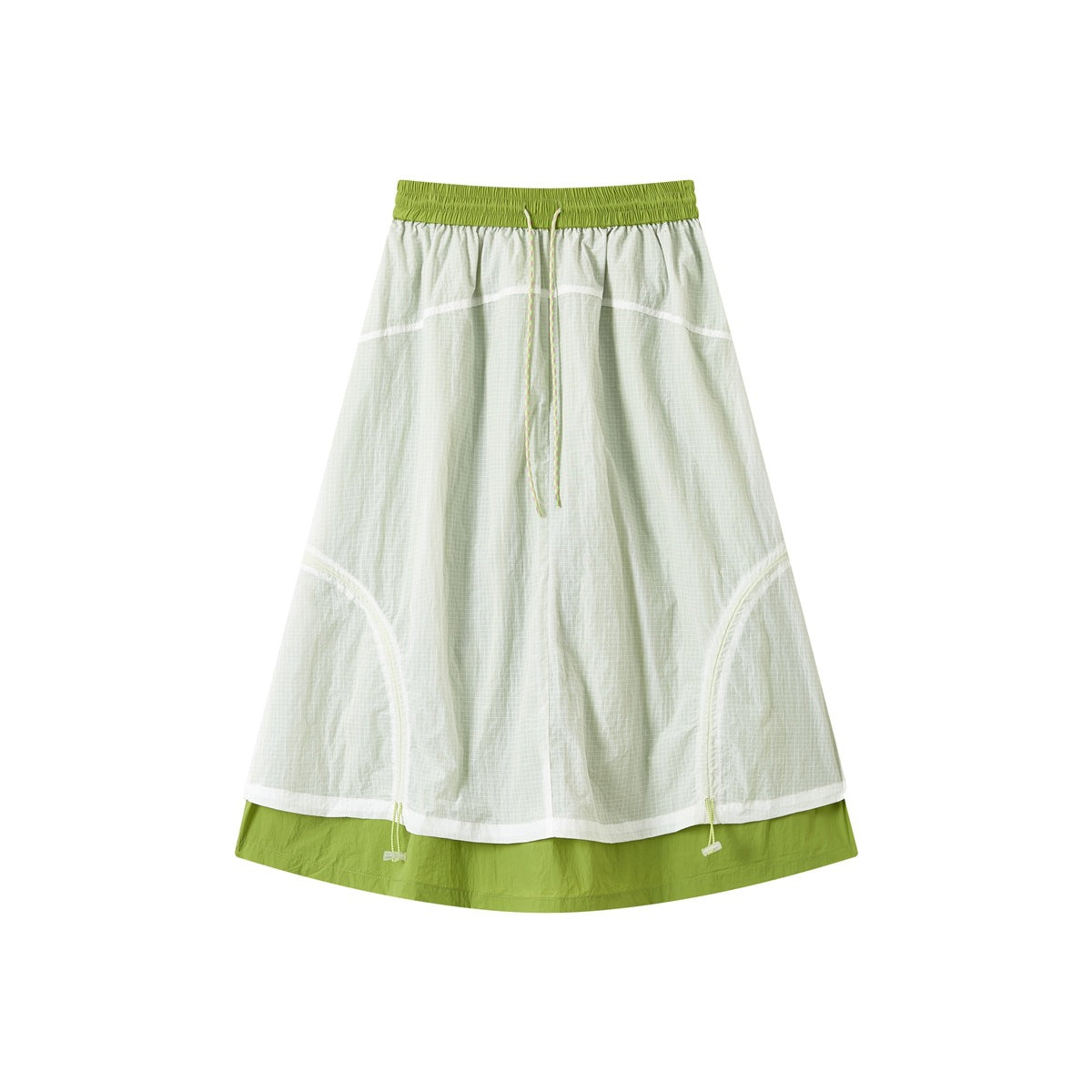 Green double-layer midi skirt with sheer ripstop-look overlay, drawstring waist and side ruching, flat front view