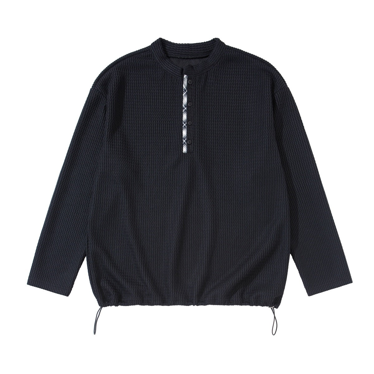 Navy textured long-sleeve henley top with plaid-trimmed button placket and drawstring hem, flat front view