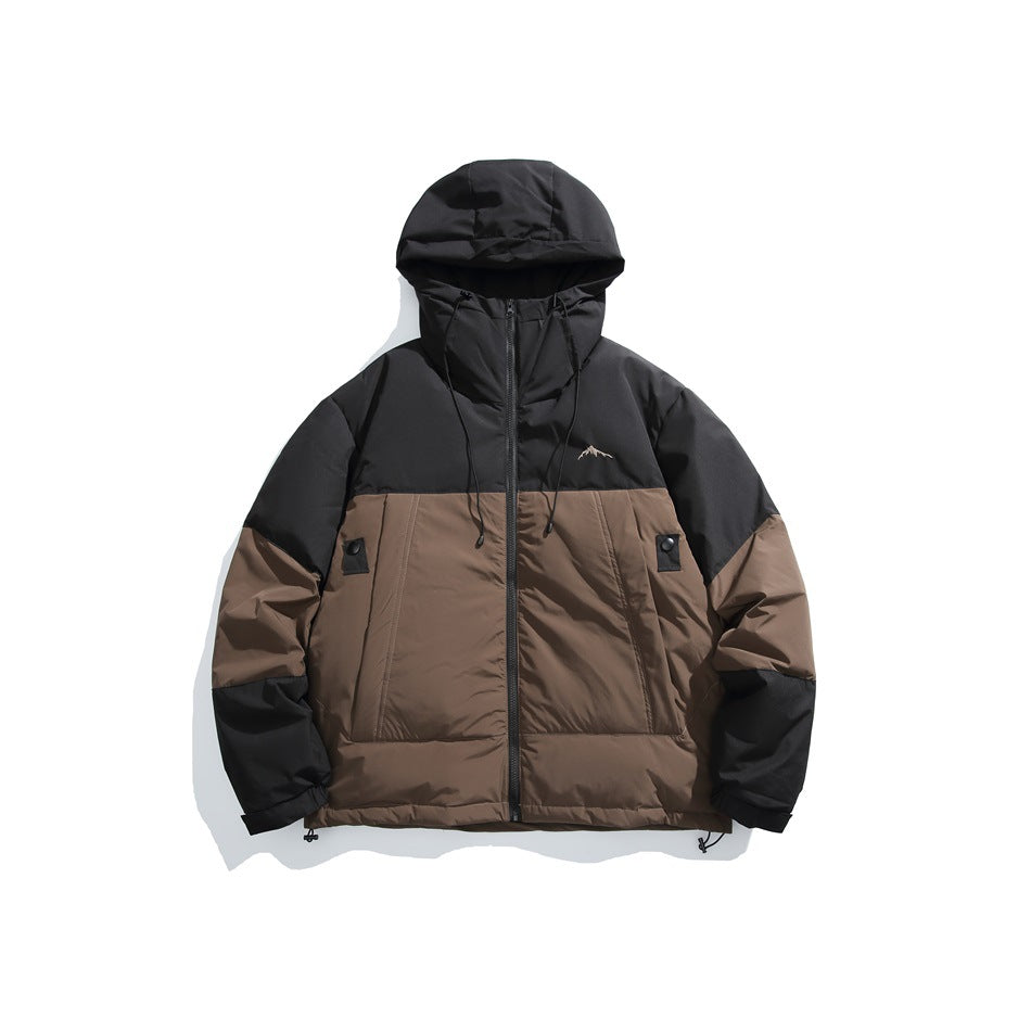Black and brown color-block hooded puffer jacket, flat front view with zipper and drawcords
