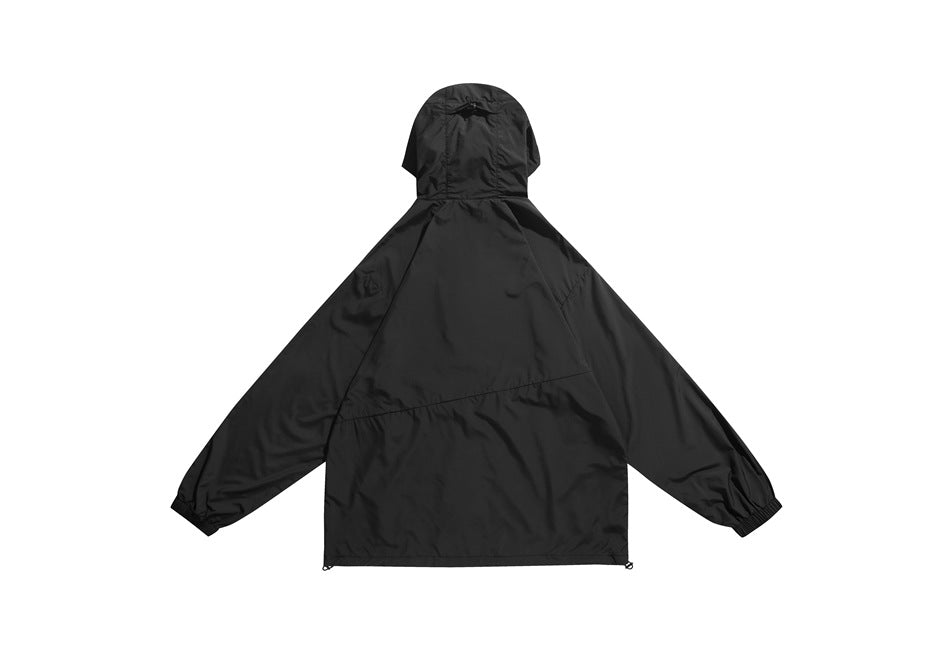 Back view of a black hooded jacket with raglan sleeves, elastic cuffs, and an adjustable hem.