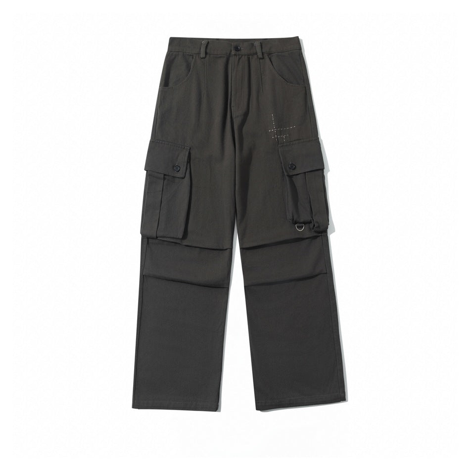 Gray-green straight-leg cargo pants flat lay front view with flap cargo pockets and stitched cross detail