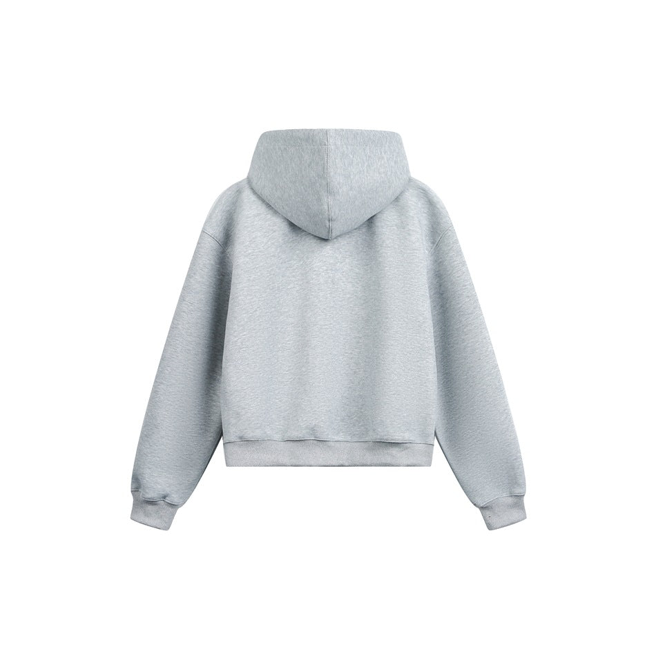 Back view of a light gray hooded sweatshirt with long sleeves, ribbed cuffs and hem, shown flat against white.