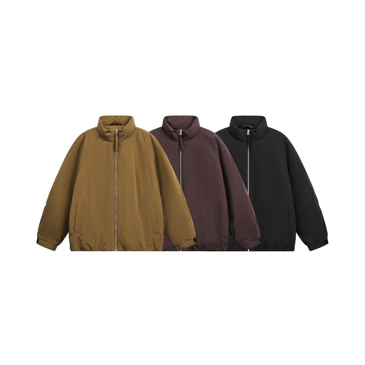 Three zip-front jackets shown together in brown, dark plum and black, each with a stand collar.