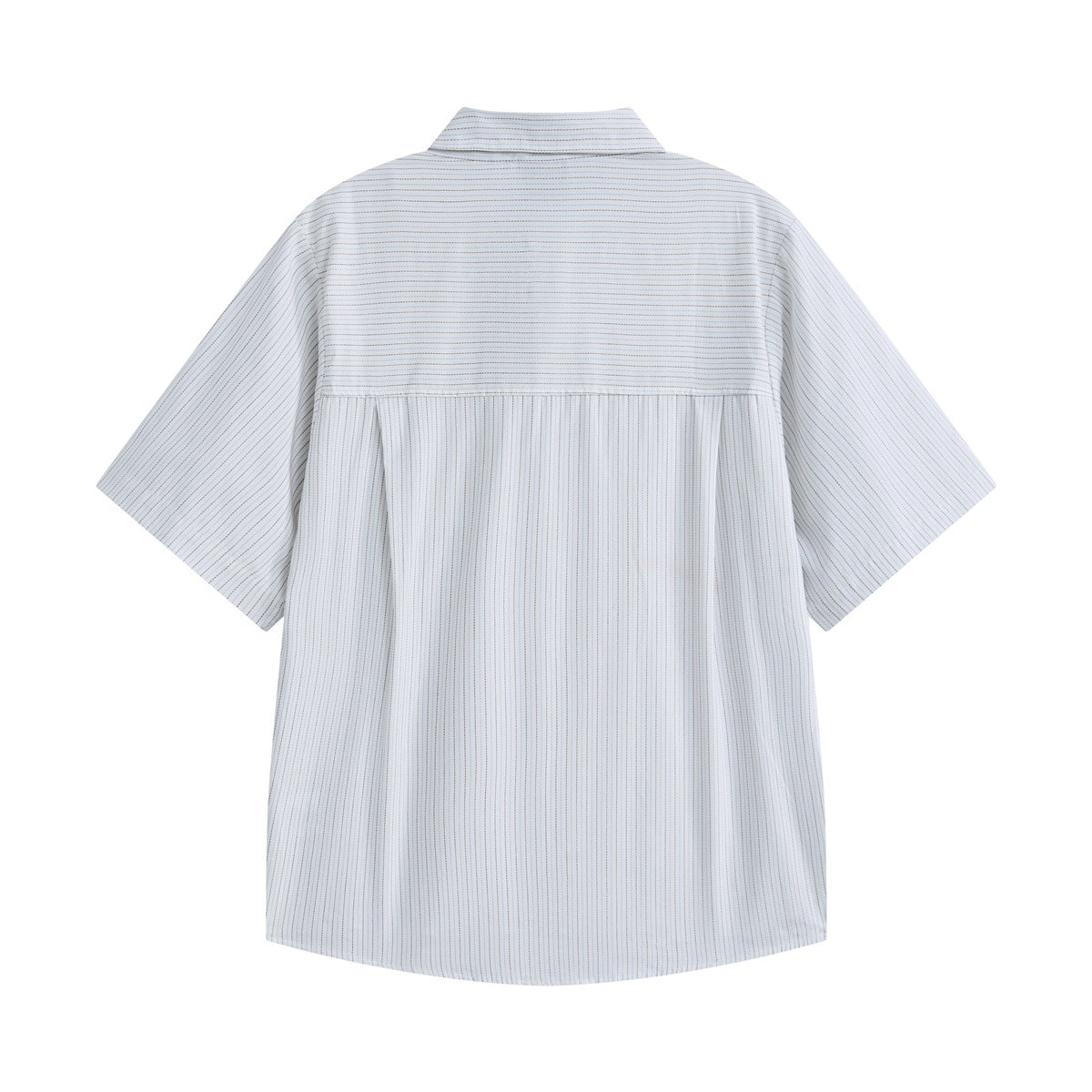Back view of white pinstriped short-sleeve shirt with horizontal-striped yoke and center pleat