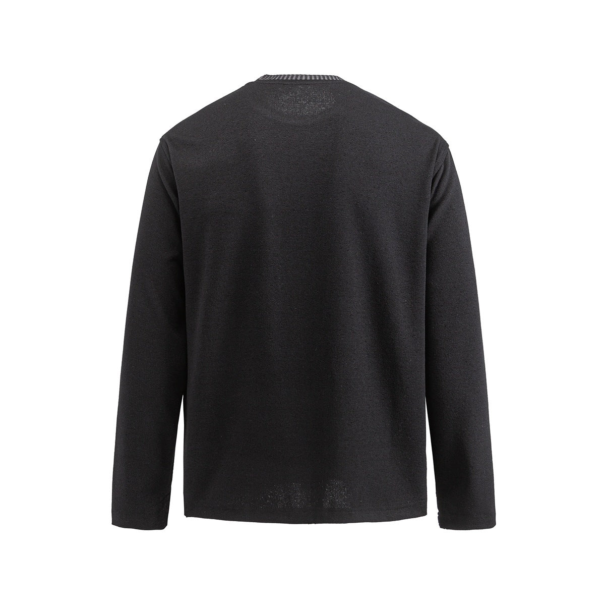 Black long-sleeve crew neck knit top, plain back view with ribbed collar trim