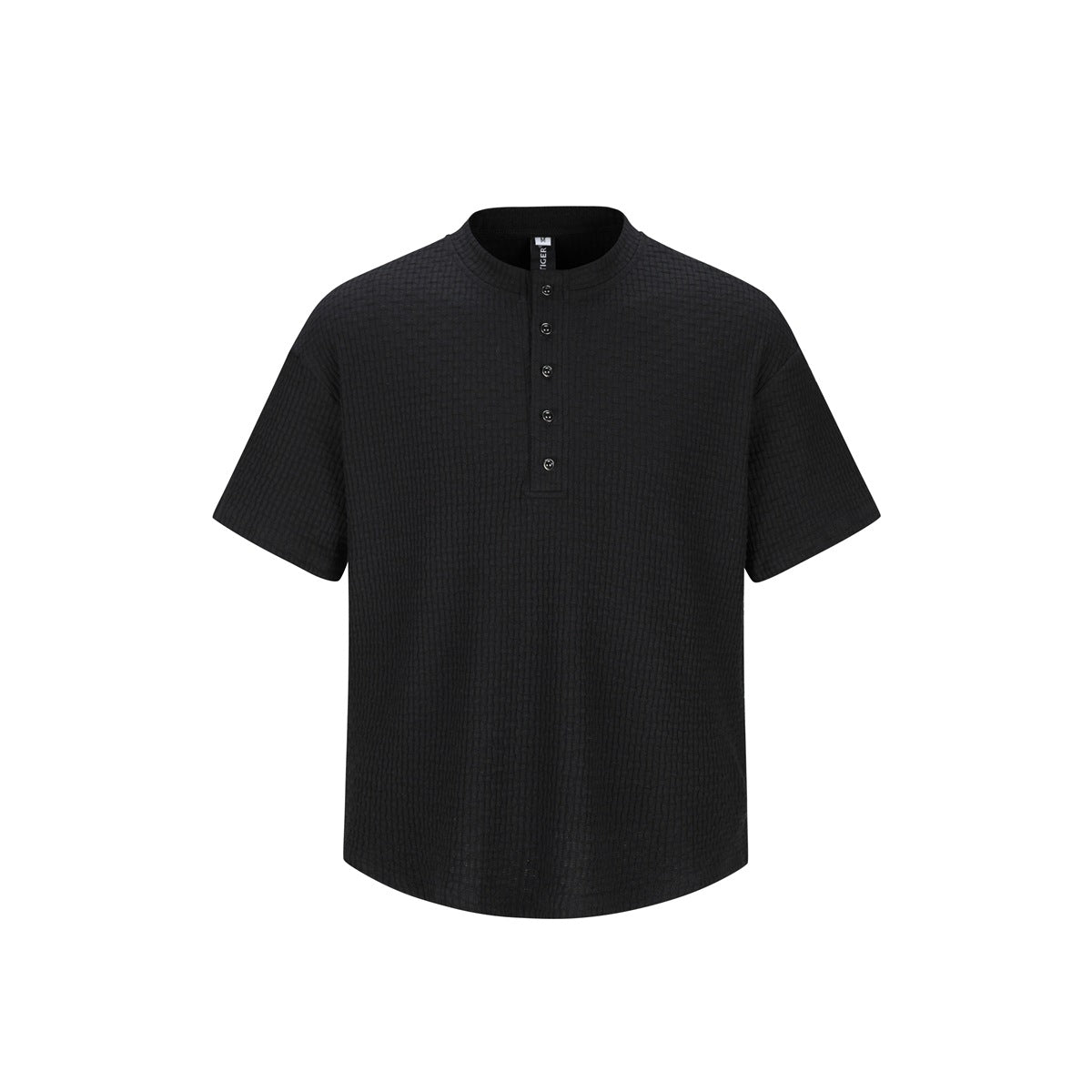 Black short-sleeve Henry-collar T-shirt with five buttons and grid-textured knit, flat front view