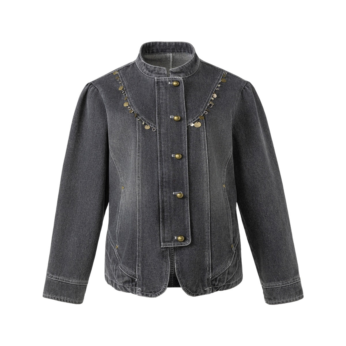 Washed black-gray denim jacket flat front view with stand collar, gold buttons, and metal disc charm trim