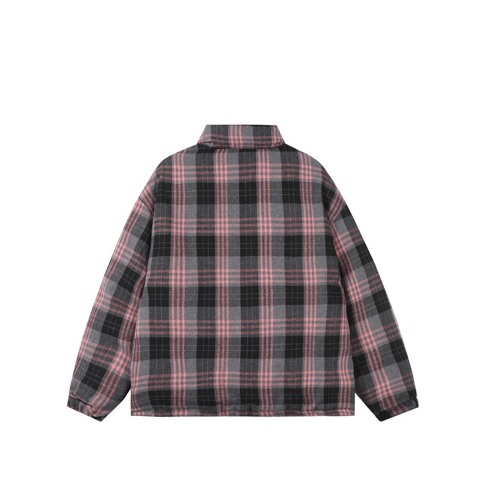Back view of a black and gray plaid jacket with pink stripes and a fold-down collar.