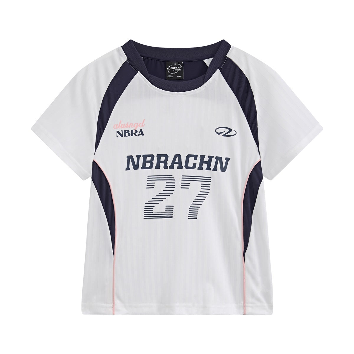 White raglan short-sleeve T-shirt with navy panels, pink piping and NBRACHN 27 print, front view