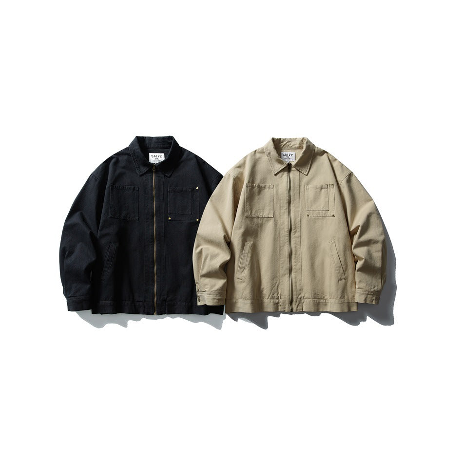 Two front views of the same utility jacket in black and light beige, each with chest flap pockets and a zip front.
