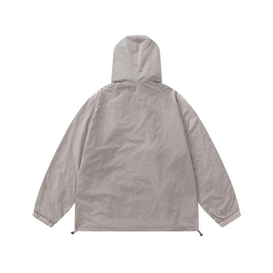 Back view of light gray hooded jacket with raglan sleeves, elastic cuffs and drawstring hem