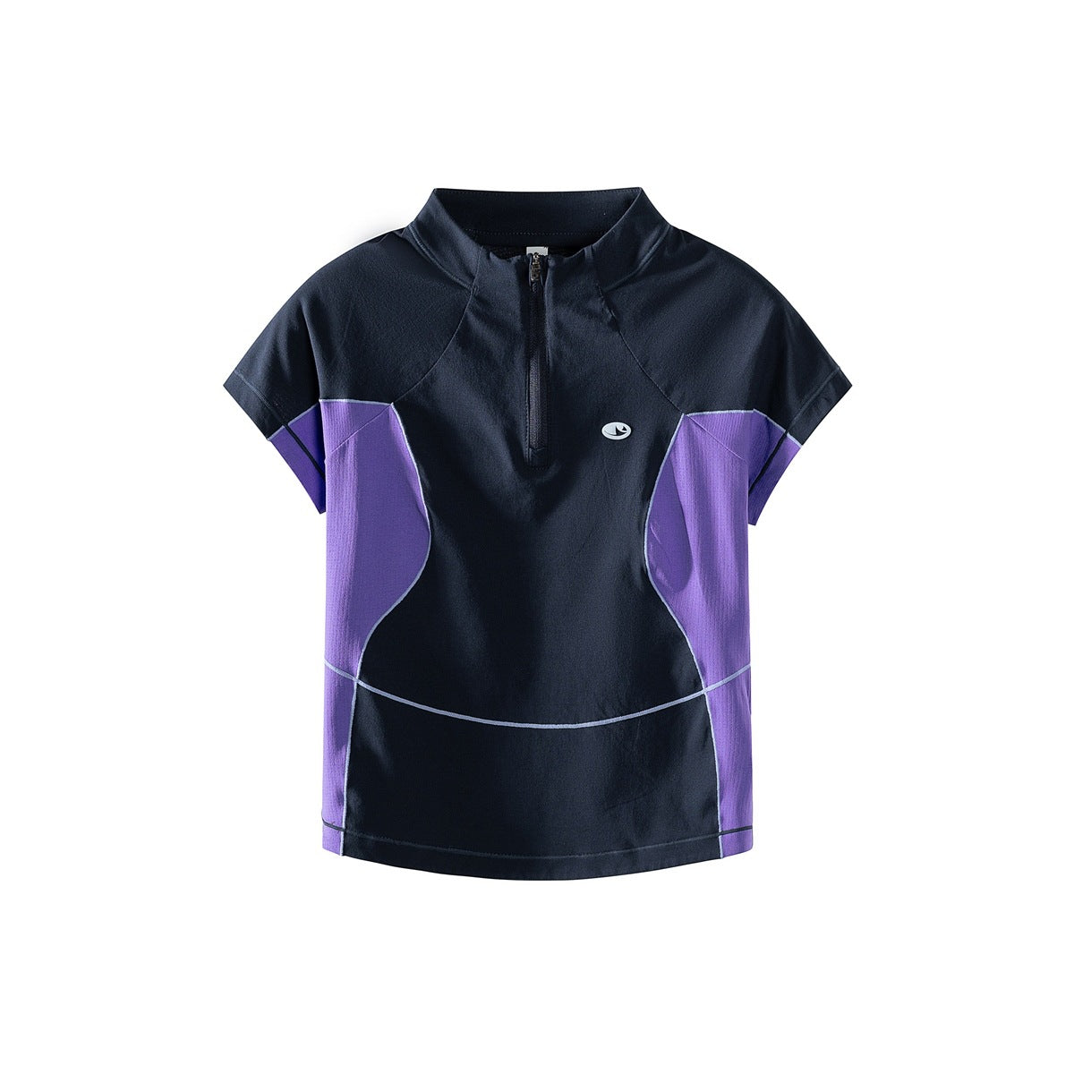 Navy half-zip short-sleeve top with purple side panels and light blue topstitching, flat front view