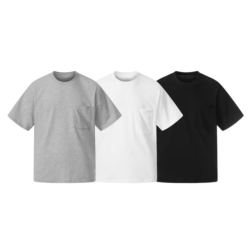 Three short-sleeve crew-neck pocket T-shirts shown together in gray, white, and black.
