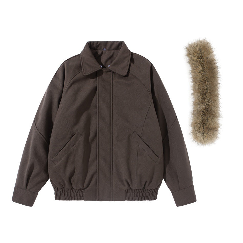 Coffee brown jacket with fold-down collar shown beside the separate detachable fur-like collar strip