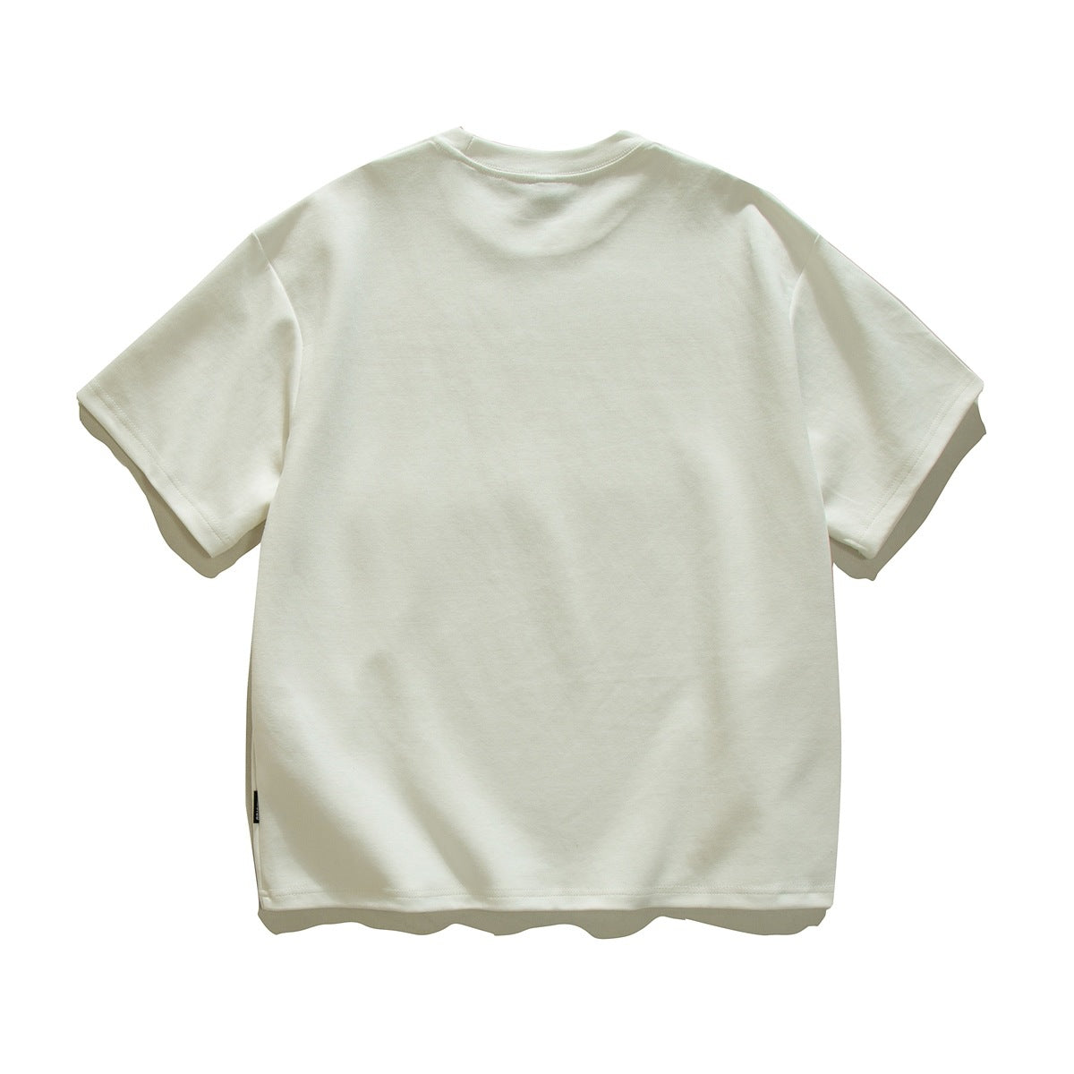 Back view of a plain off-white short-sleeve crew-neck T-shirt laid flat.