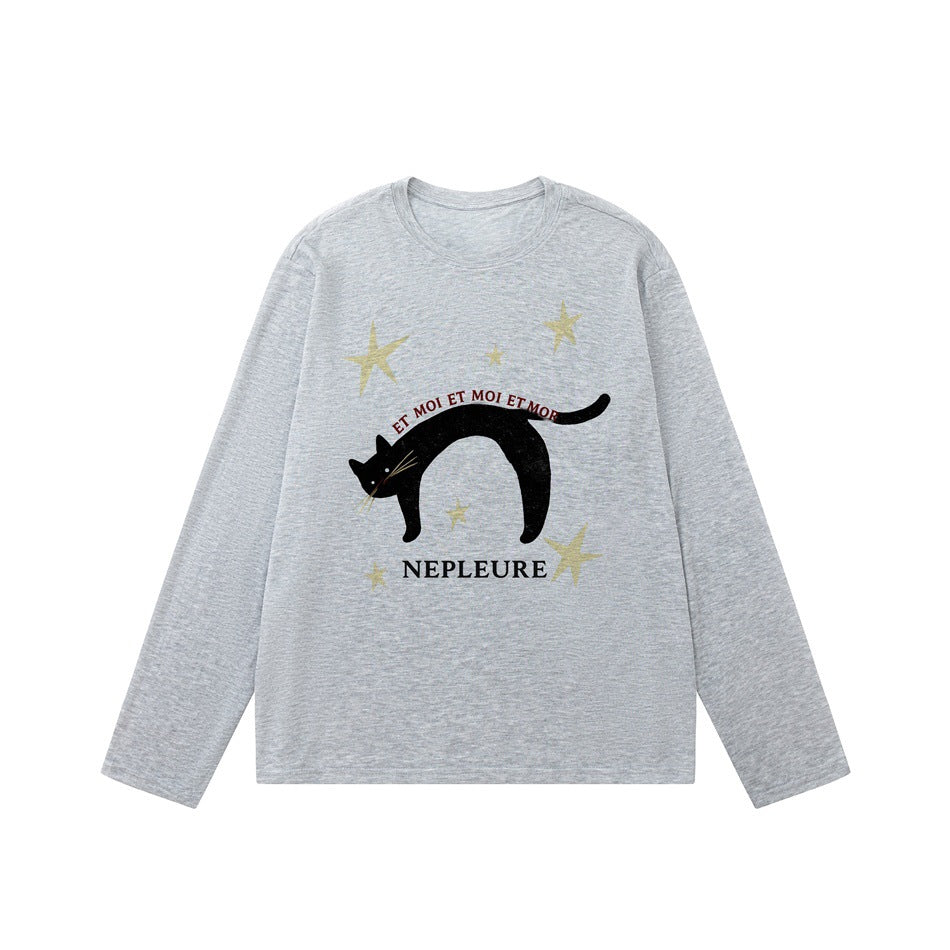 Gray long-sleeve crew-neck top with black arched cat, gold stars and NEPLEURE print on the front