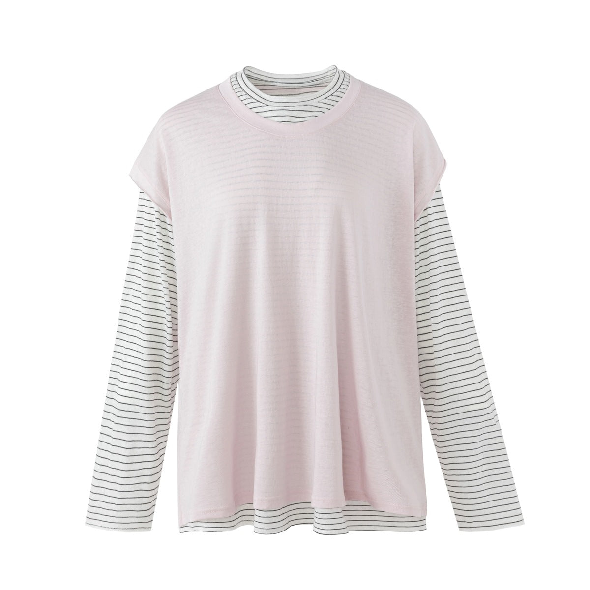 Layered top with light pink short-sleeve overlay over white and black striped long-sleeve layer, front view