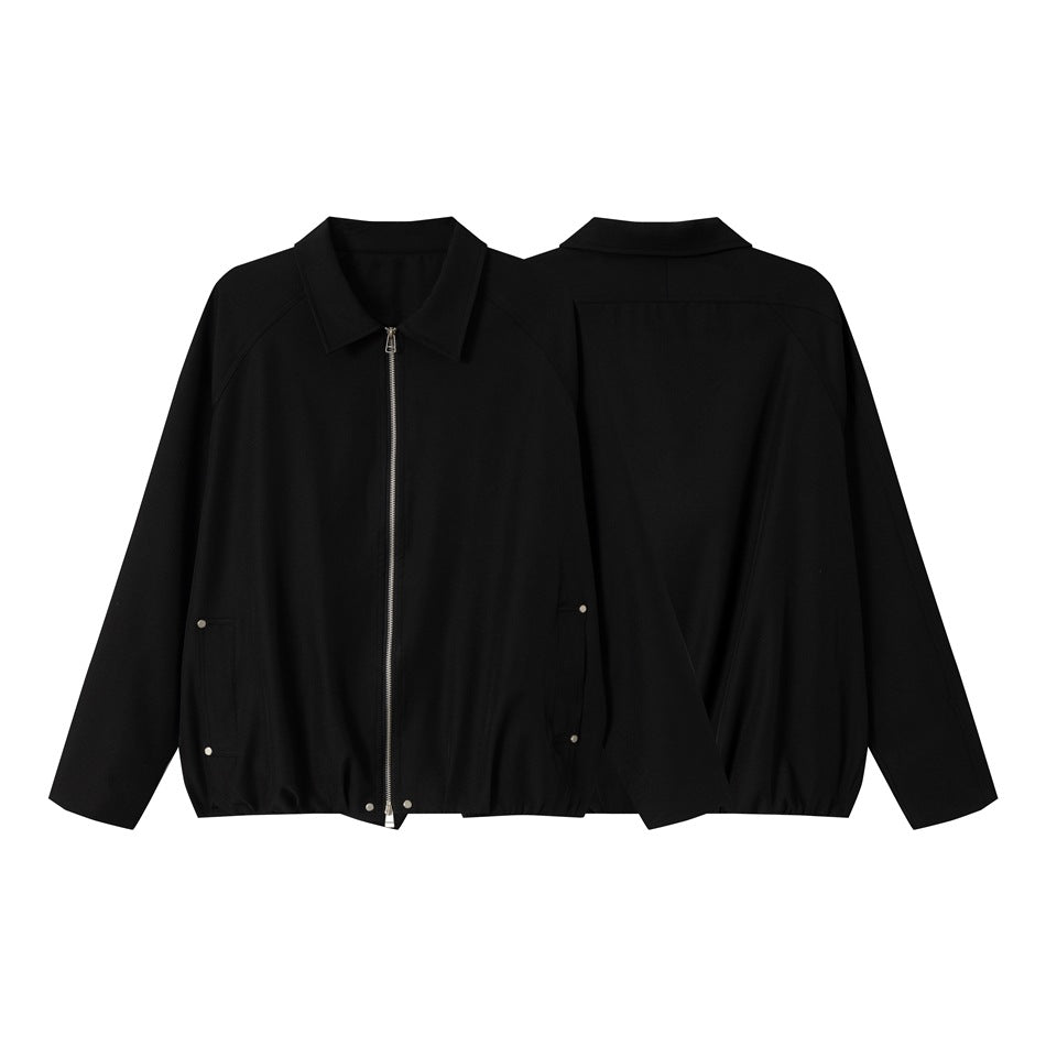 Black collared zip jacket shown from the front and back, with side pockets and silver-toned hardware.
