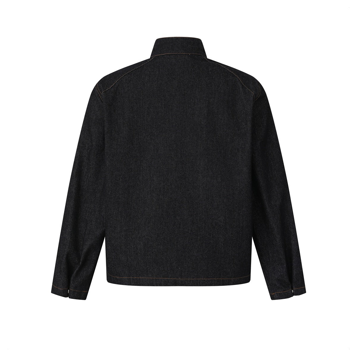 Back view of black denim stand-collar jacket with raglan sleeves and contrast stitching