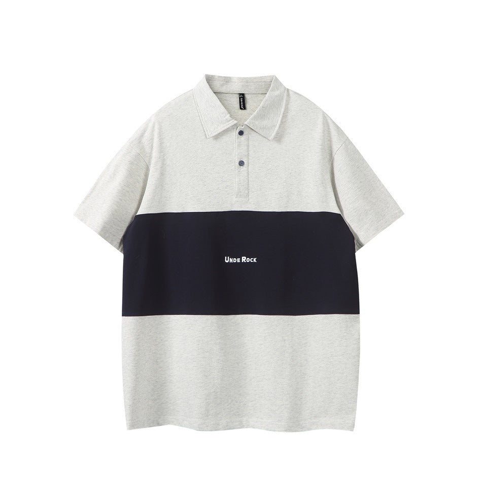 Heather gray short-sleeve polo shirt with a navy horizontal band, two buttons and a small white chest print
