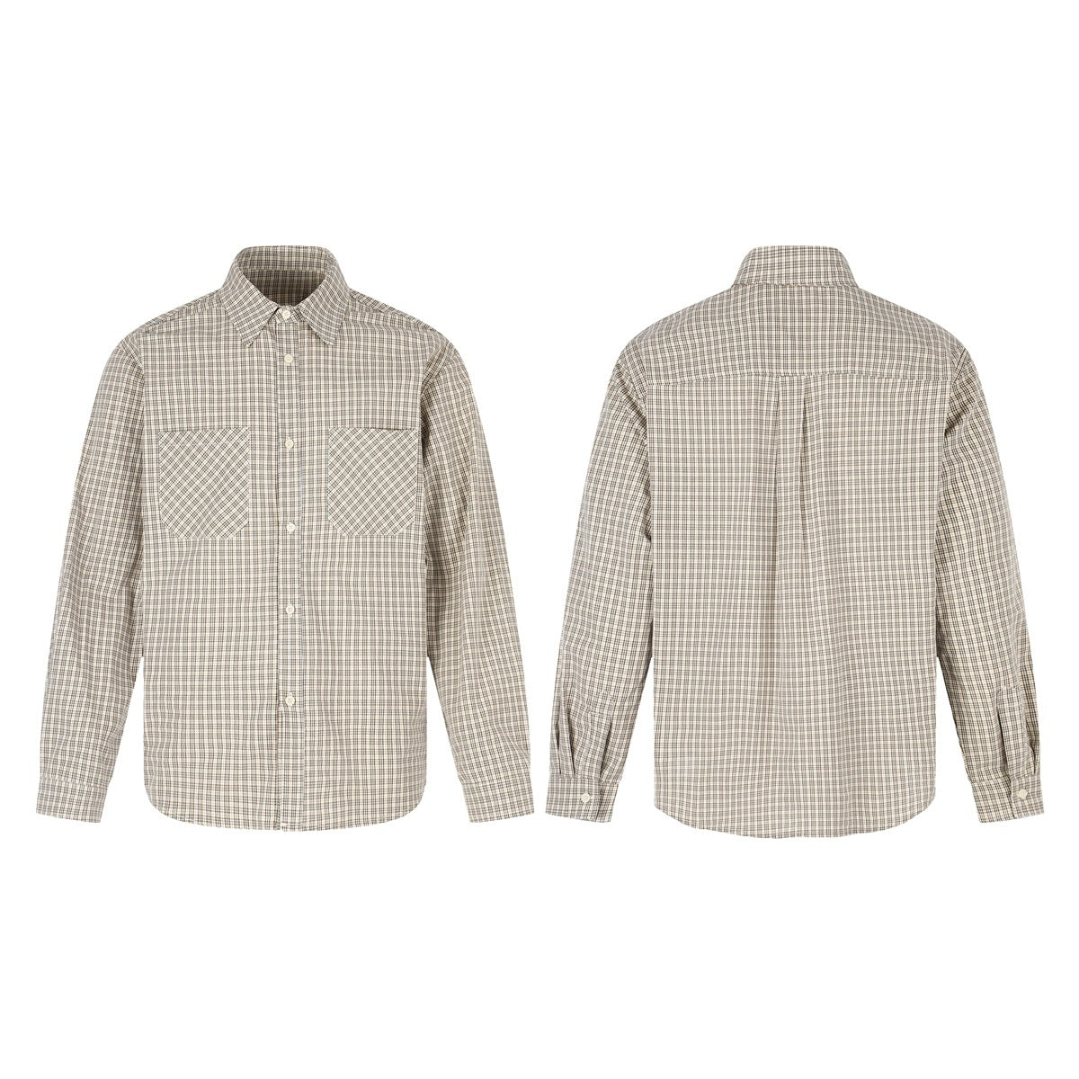 Beige and brown plaid long-sleeve button-up shirt shown from the front and back; the front has two chest pockets.