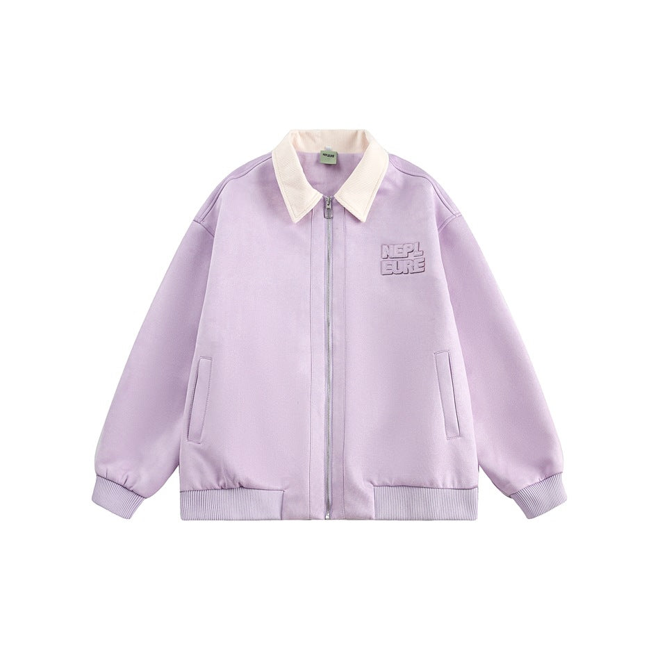 Lavender zip-front jacket with cream ribbed collar, ribbed cuffs and hem, and tonal raised logo, flat lay front view