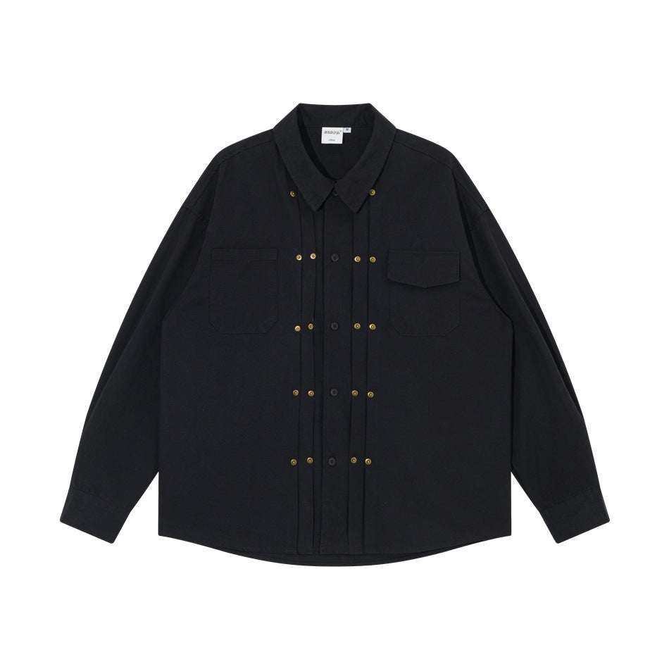 Black long-sleeve shirt with pleated front, brass studs, pointed collar and two chest pockets, flat lay