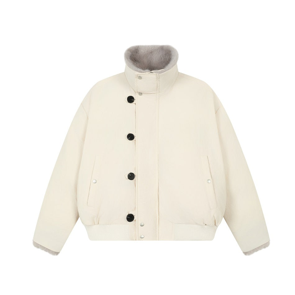 Cream padded-look jacket with gray fleece-like collar and cuff trim, button placket and ribbed hem, flat front view