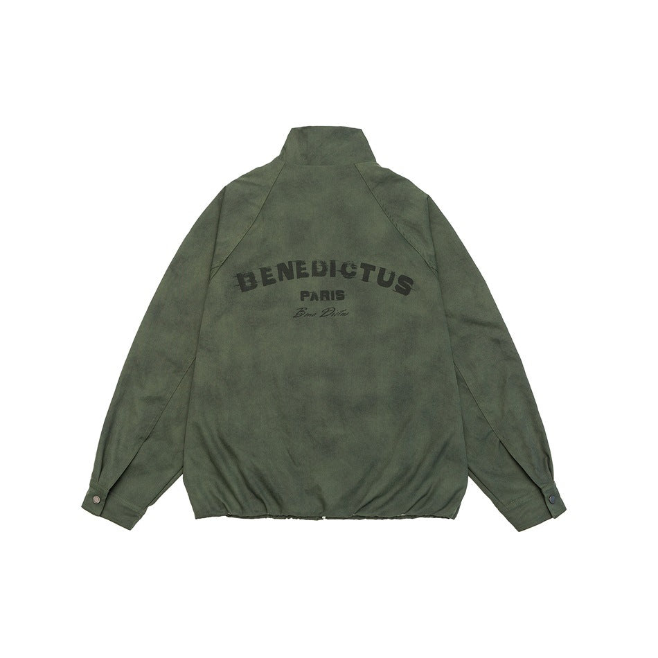 Back view of an olive green jacket with black BENEDICTUS PARIS lettering and raglan sleeves.