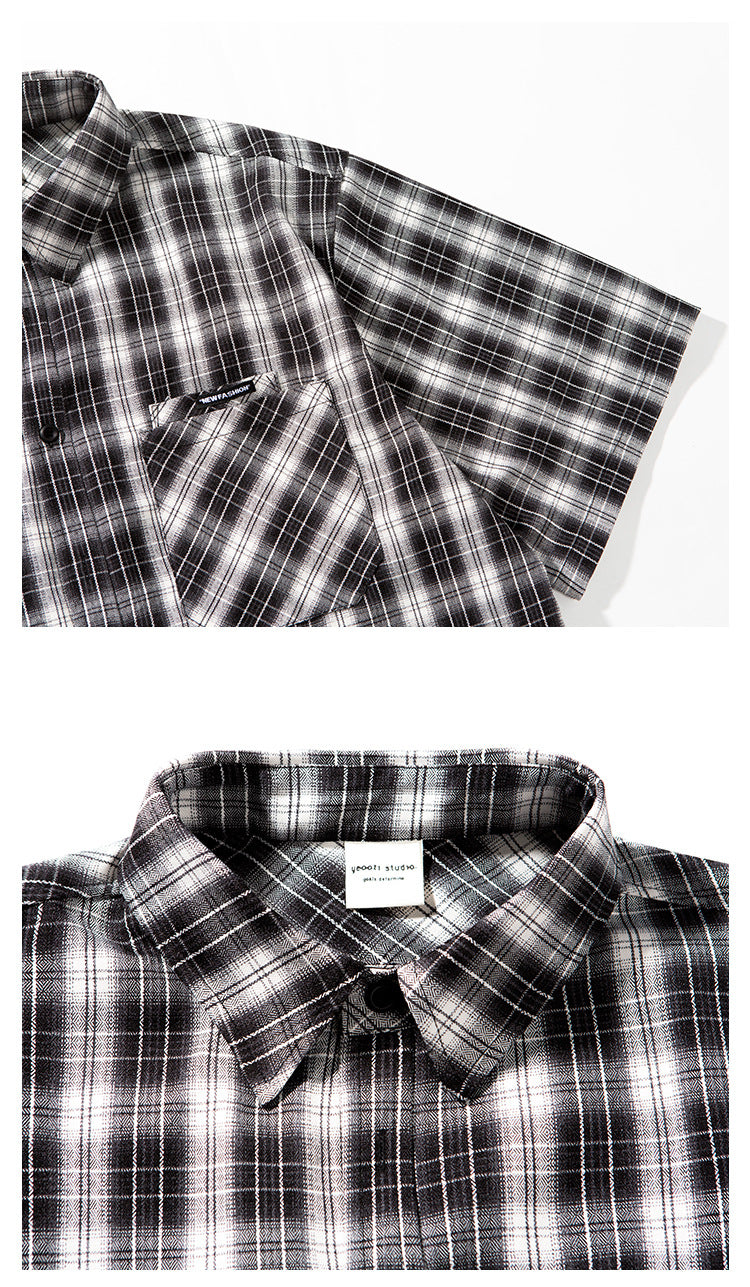 Collage of close-ups showing the plaid shirt's pocket, short sleeve, collar, and buttons.