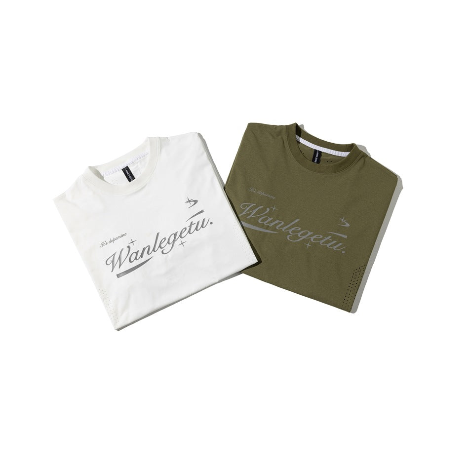 Folded white and olive-green crew-neck T-shirts display gray script graphics and perforated details.