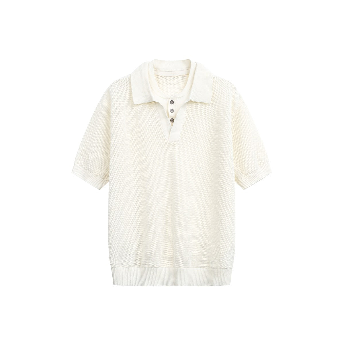 Off-white open-knit short-sleeve polo top with collar, three buttons and ribbed cuffs and hem, front flat view