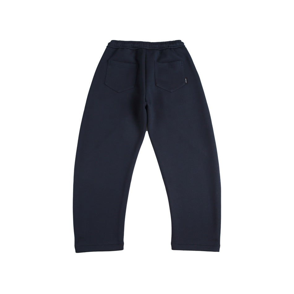 Navy blue sweatpants, flat lay back view with two patch pockets and an elastic waistband