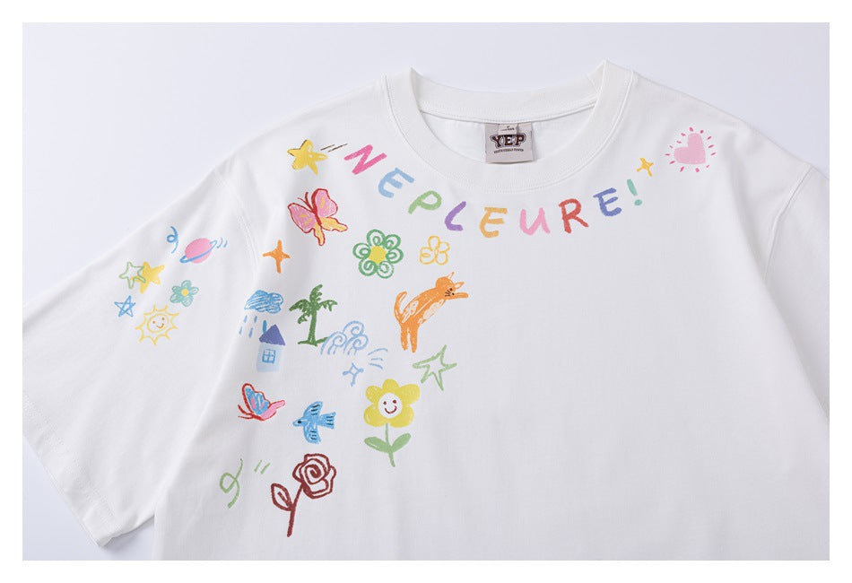 White short-sleeve crew-neck T-shirt shown from the front, with colorful hand-drawn flowers, animals and lettering.