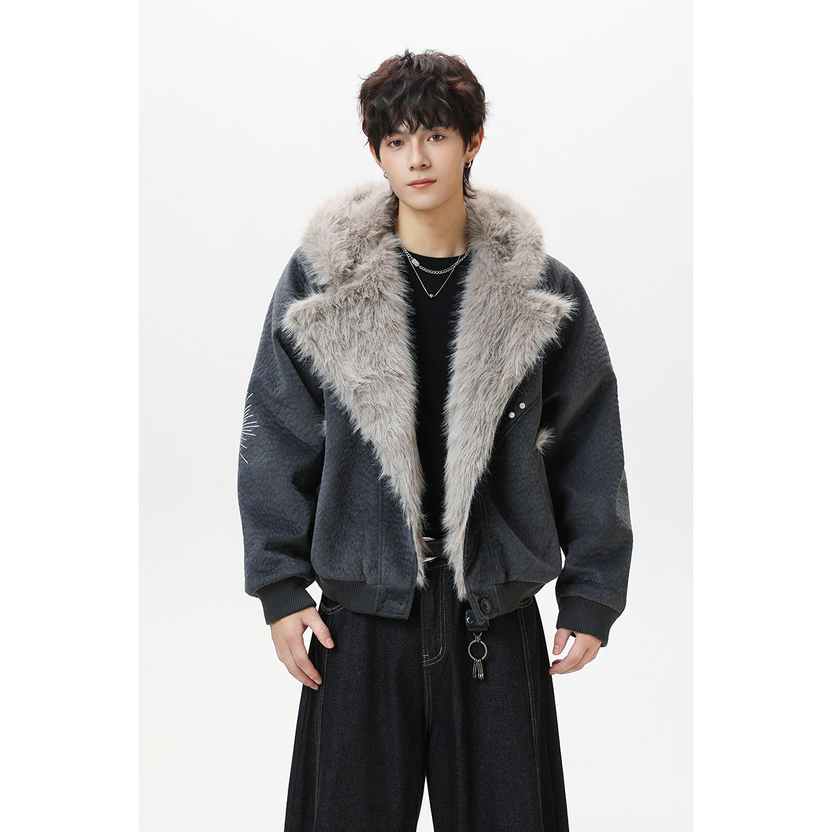 Model wearing a charcoal jacket with a light gray faux-fur collar, ribbed cuffs, and a white sleeve graphic.