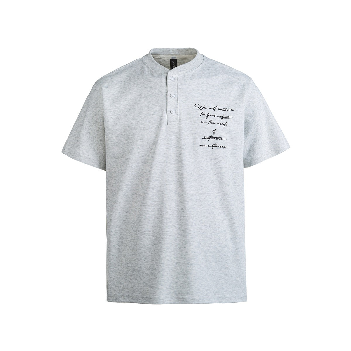 Heather gray Henley T-shirt with band collar, three buttons and script text graphic on the chest, front view