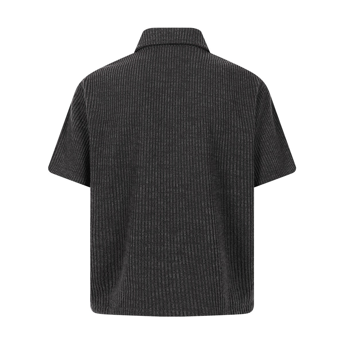 Back view of a charcoal gray short-sleeve collared shirt with subtle vertical stripes.