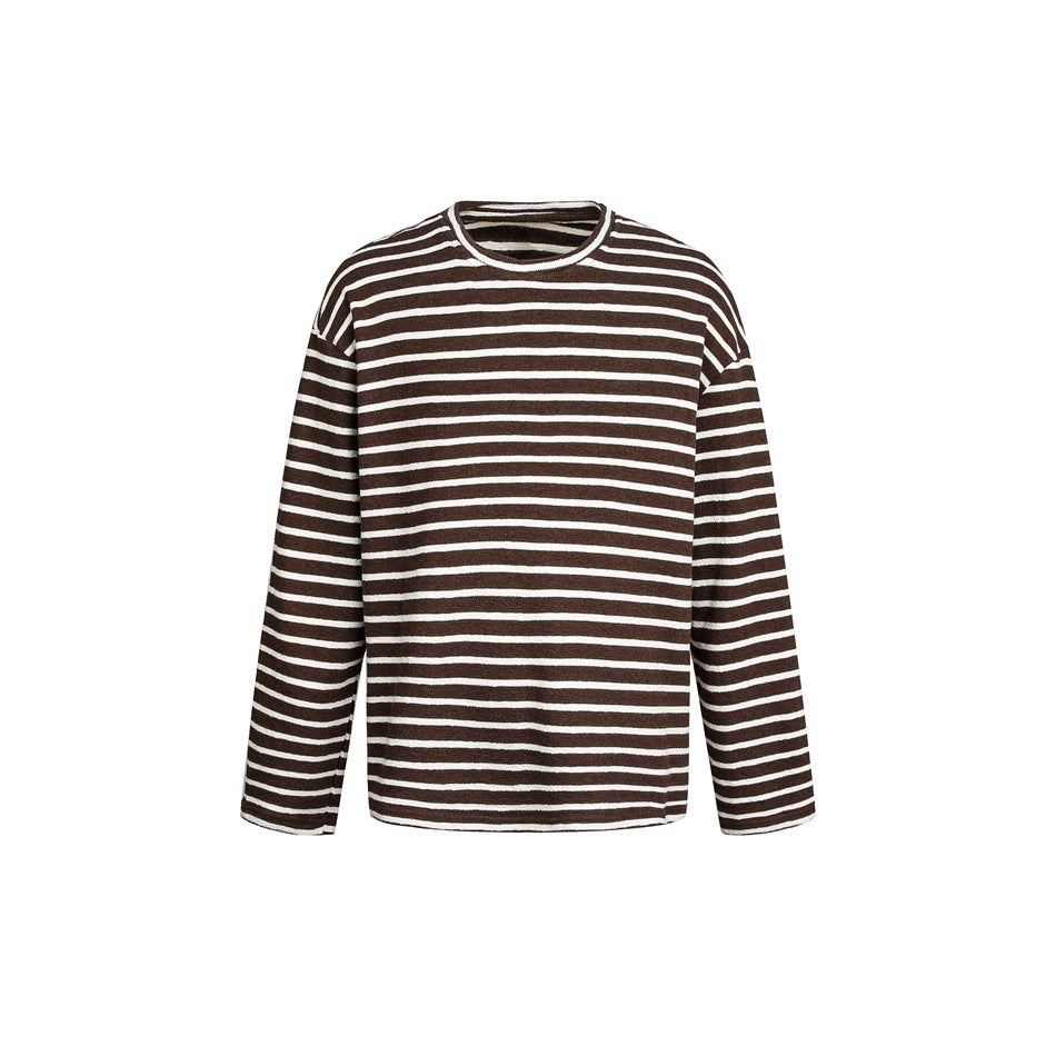 Brown and white horizontally striped long-sleeve crewneck sweatshirt, flat front view on white background