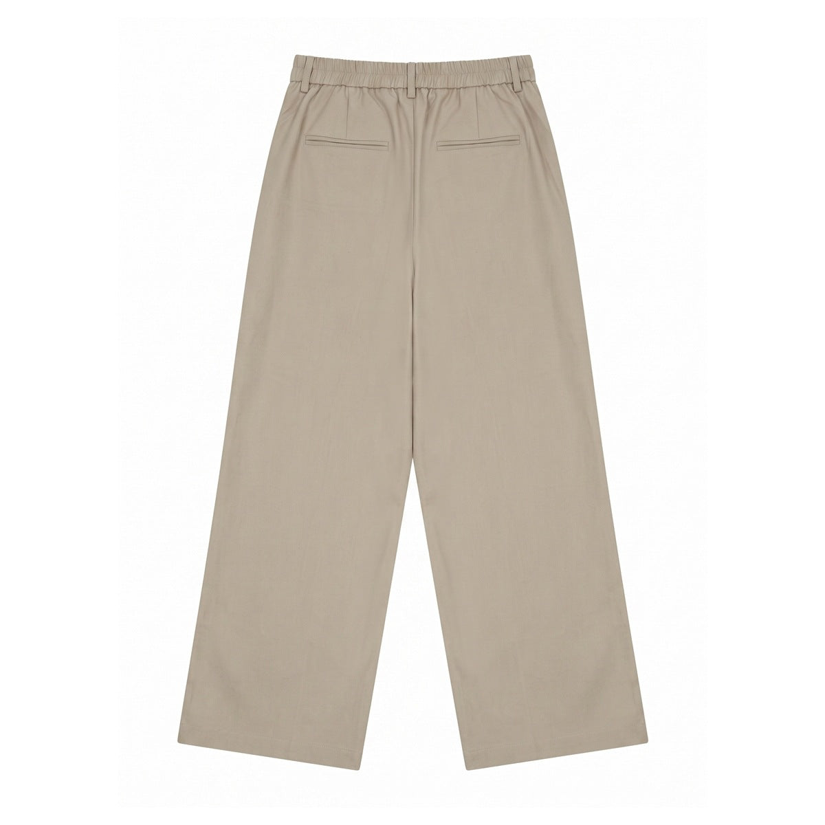 Back view of beige wide-leg trousers with an elasticated waist and two welt pockets, laid flat.