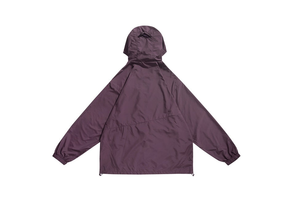 Back view of a deep plum hooded jacket with long sleeves and elastic cuffs, laid flat on white.