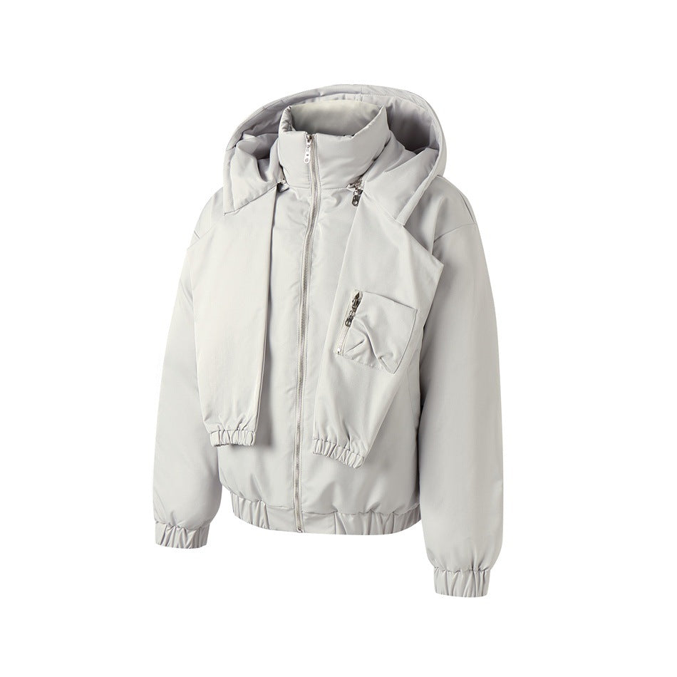 Light gray hooded padded jacket, angled front view, with front zipper, chest zip pocket and elastic hem