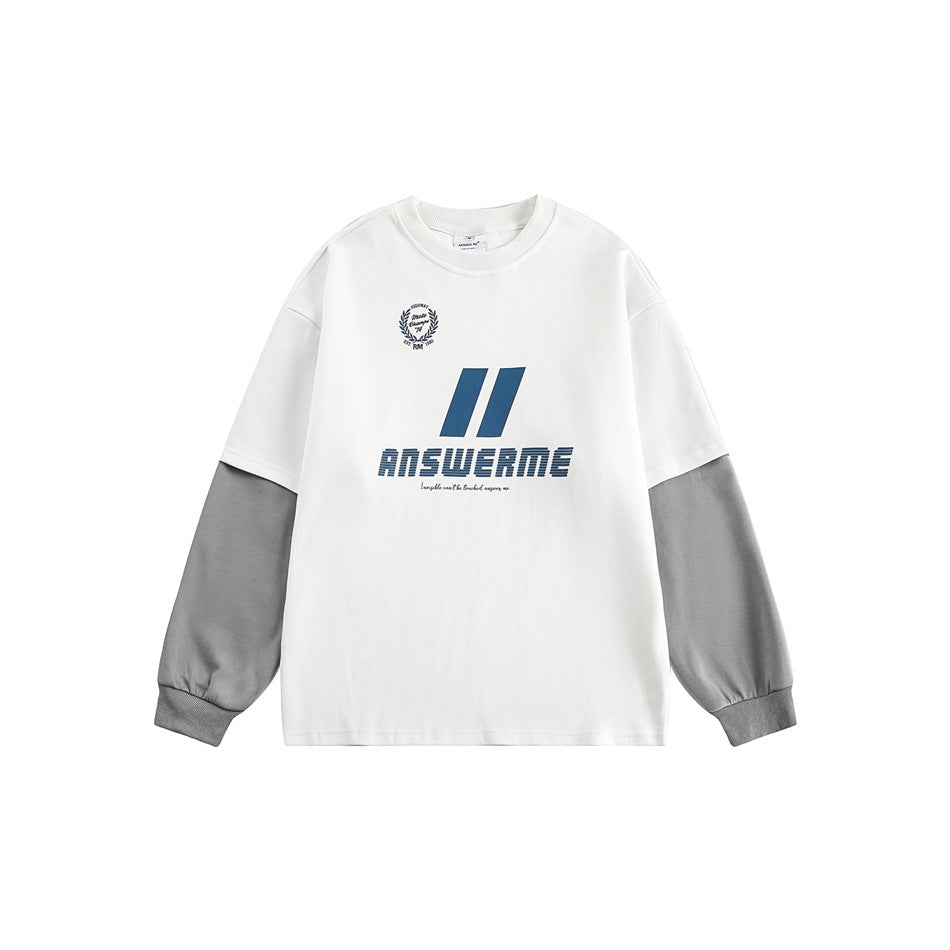 White crew-neck layered-look top with gray sleeves and ribbed cuffs, blue slanted bars and ANSWERME print