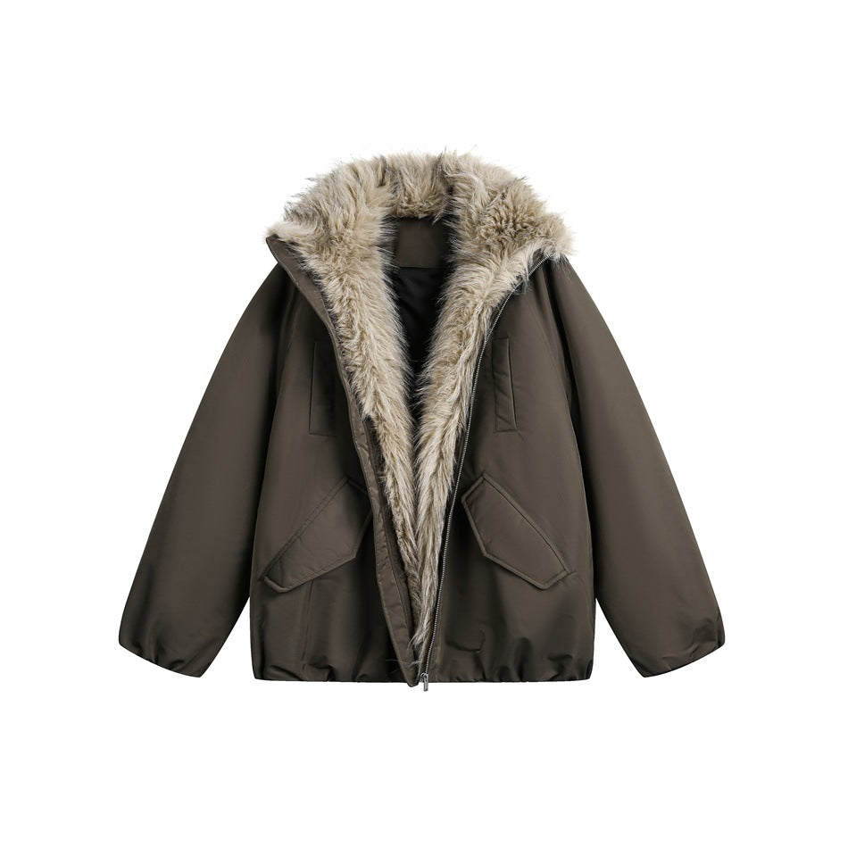 Front view of a dark brown zip-front jacket with a large taupe faux-fur collar and two flap pockets.