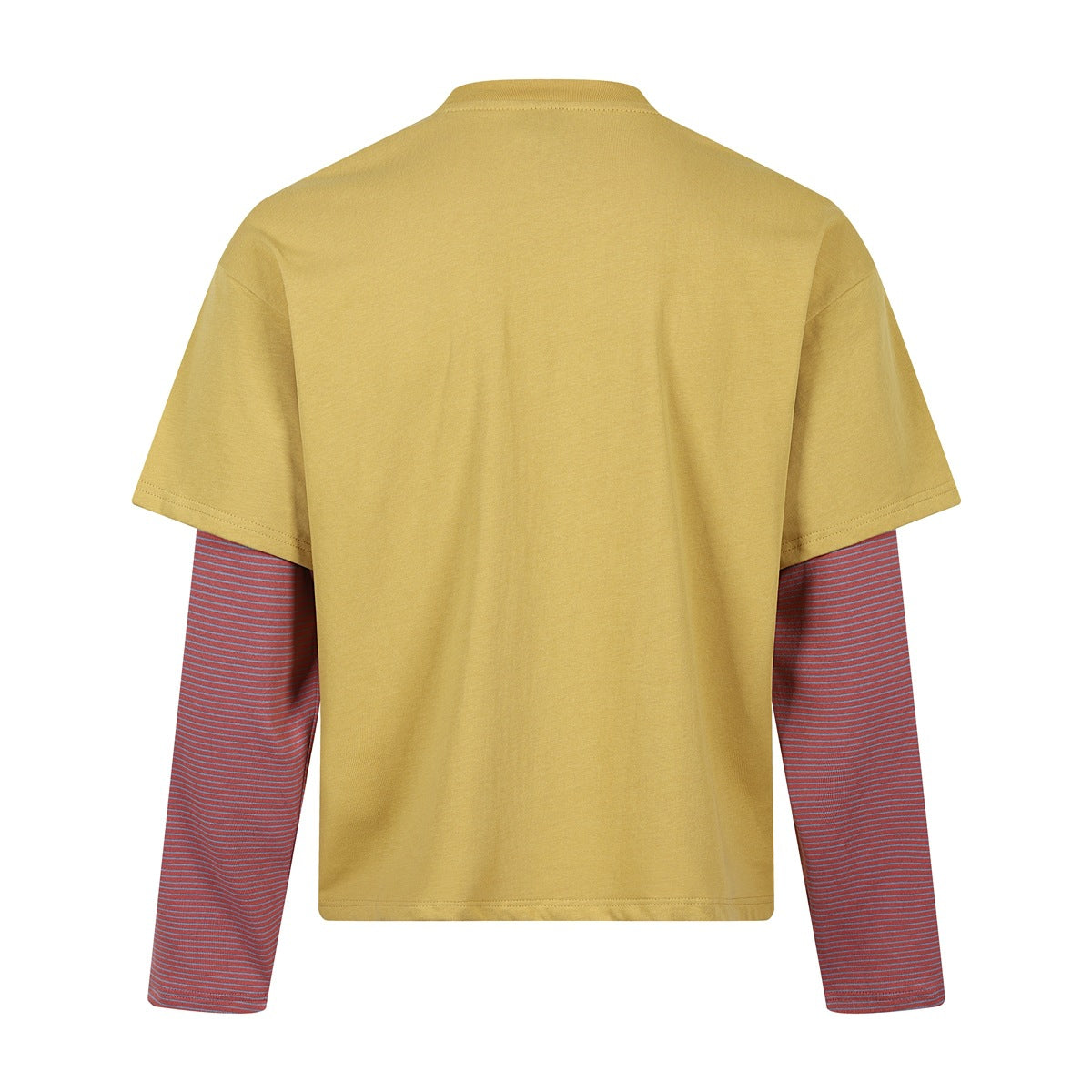 Back view of mustard yellow tee with red and blue striped long sleeves, plain back